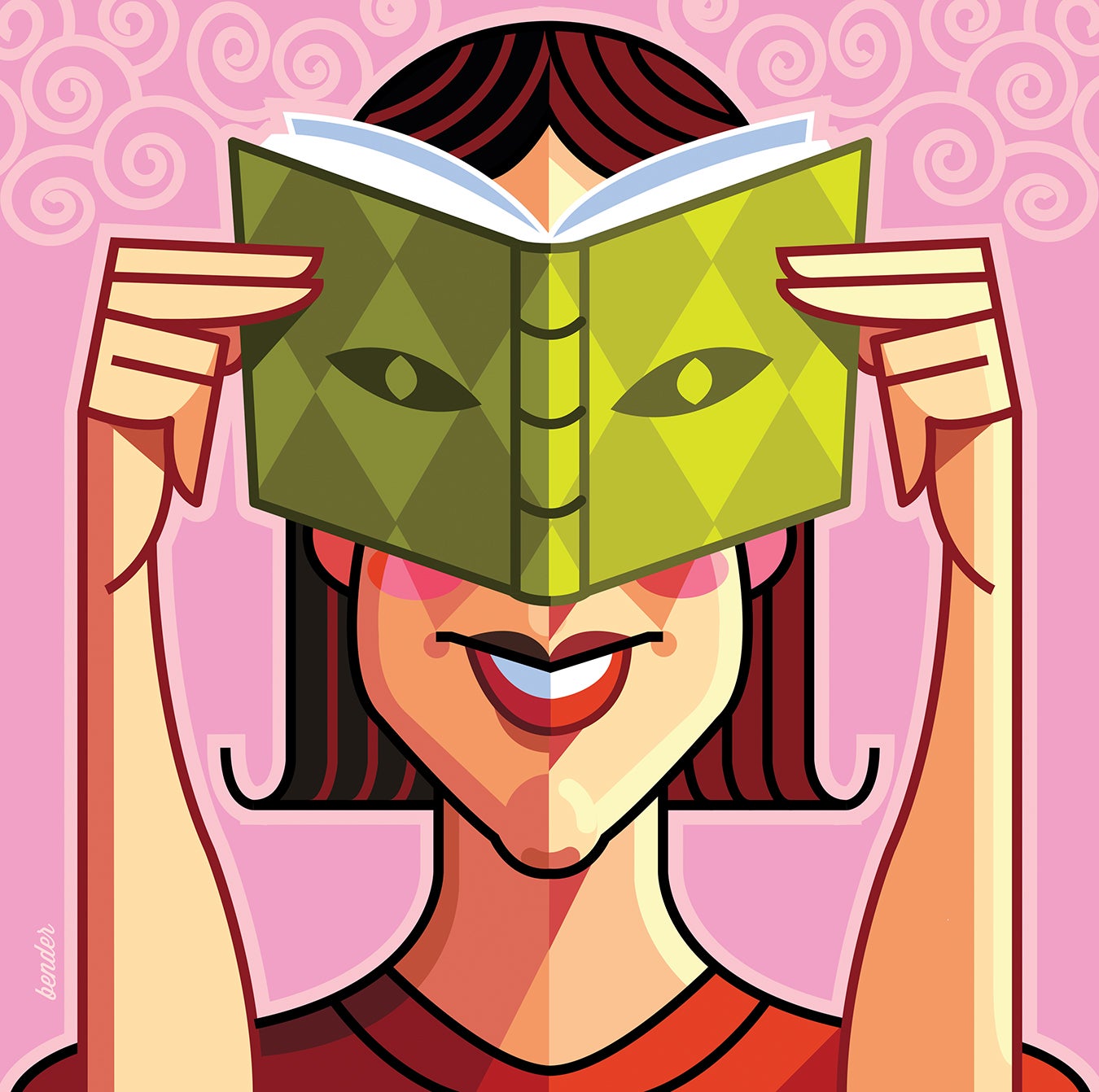 A woman reads a green book.
