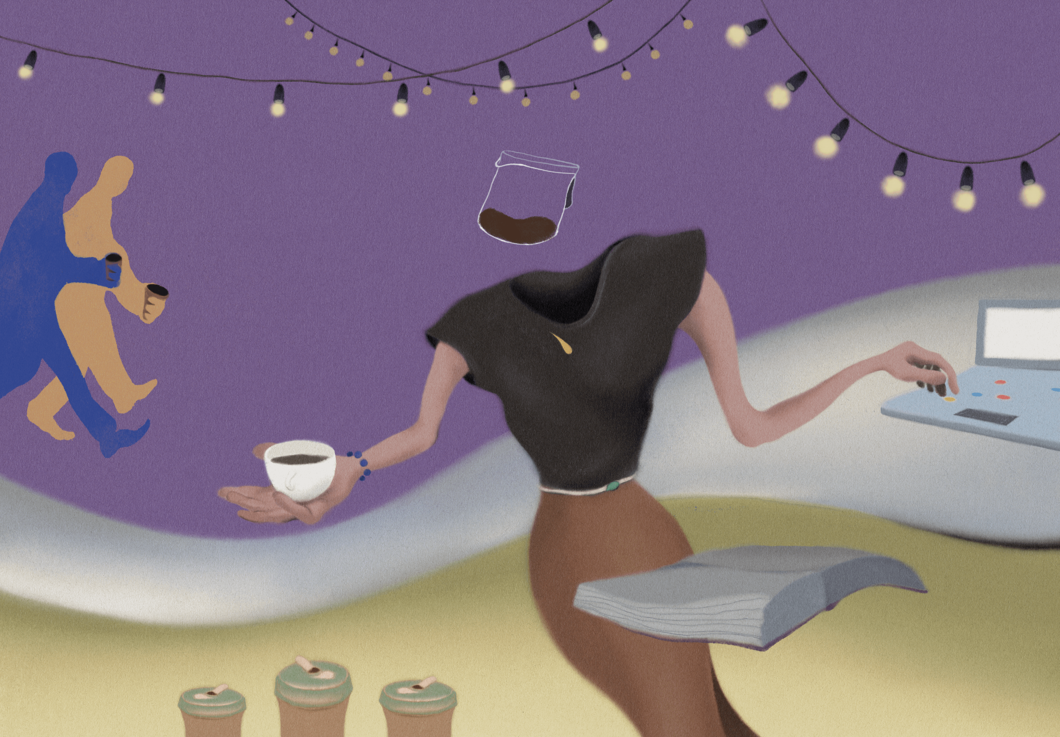 illustrated gif of person with swirling coffee pot as head, cup of coffee and saucer in one hand, the other hand typing on a laptop. Strings of lights appear above, and in background, silhouettes carrying cups of coffee flash.