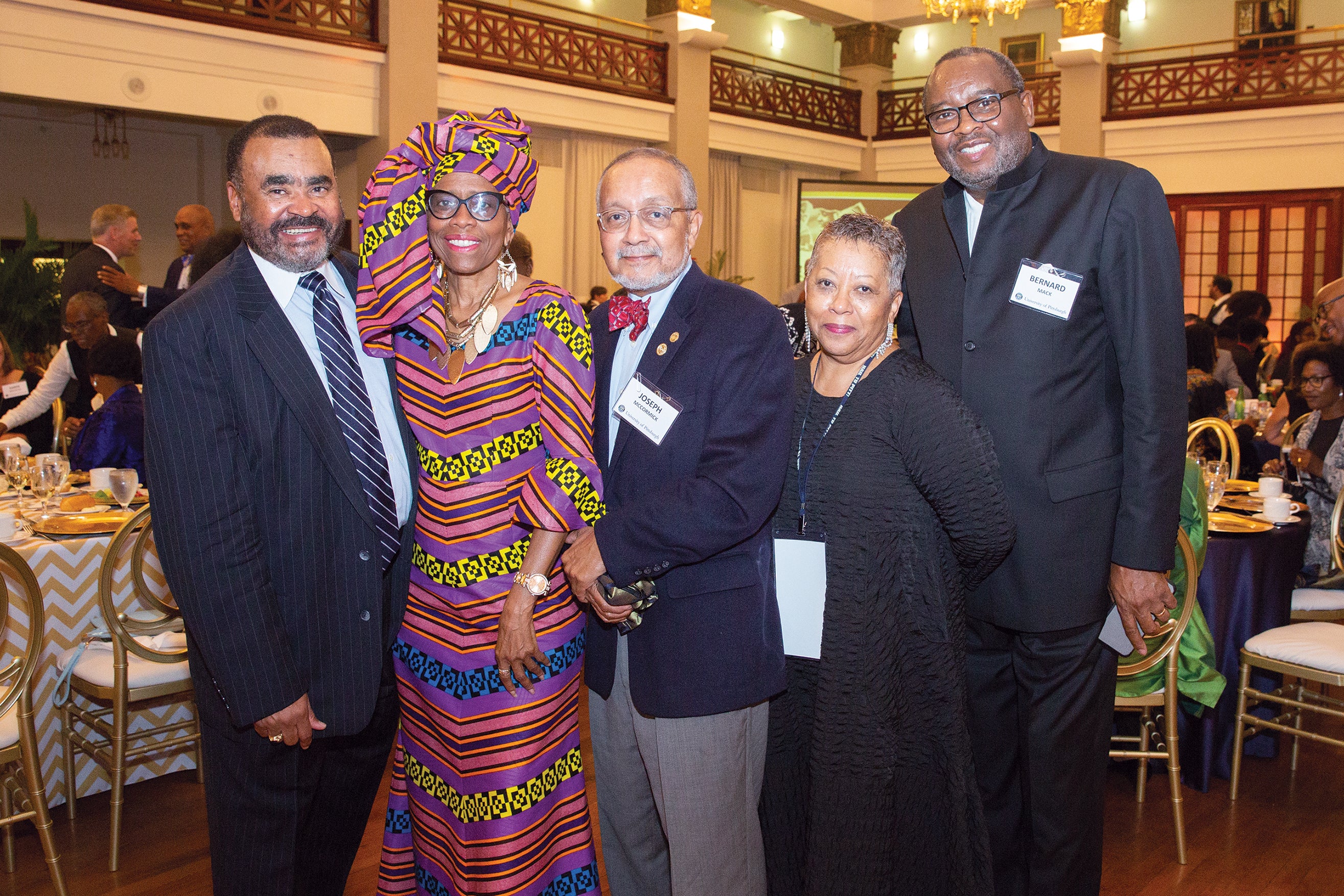 Homecoming weekend featured the Pitt African American Alumni Council Sankofa Awards Banquet. Pictured left to right: Trustee Douglas Browning (A&S ’72), Valerie Njie (EDUC ’71), Joseph McCormick (A&S ’69, ’73G, ’79G), Marlene C. Mahoney (A&S ’71), and Bernard Mack (A&S ’88).