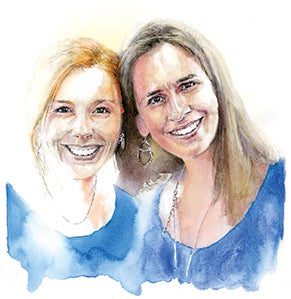 Watercolor of Eliza Luxbacher, with blond hair pulled back and wearing a blue shirt, and Jackie Metcalf, her dark brown hair down, also wearing a blue shirt. Both women are smiling