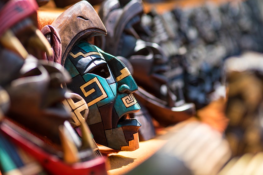 Mexican wooden masks on display