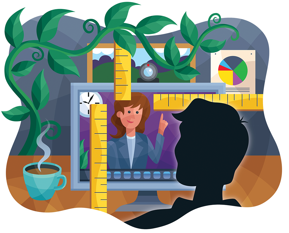 illustration of silhouette of head looking at computer screen framed by rulers and green vine