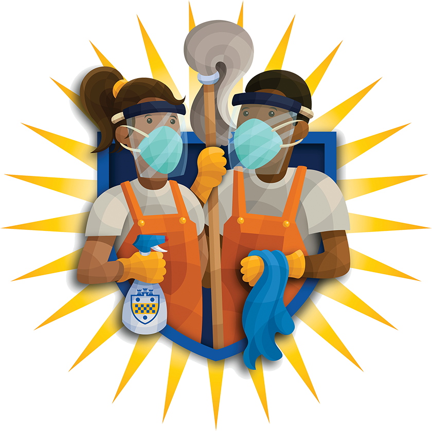custodians wearing orange overalls, blue face masks, face shields, yellow gloves, standing in front of blue shield, holding cleaning spray and mop