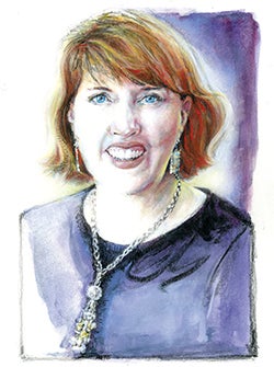 Watercolor of Julie DeSeyn, dark blue and purple background, chunky chain necklace, indigo shirt, rectangular earrings