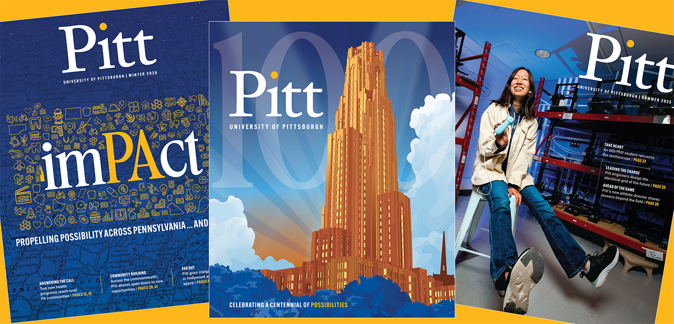 spread of three Pitt Magazine covers