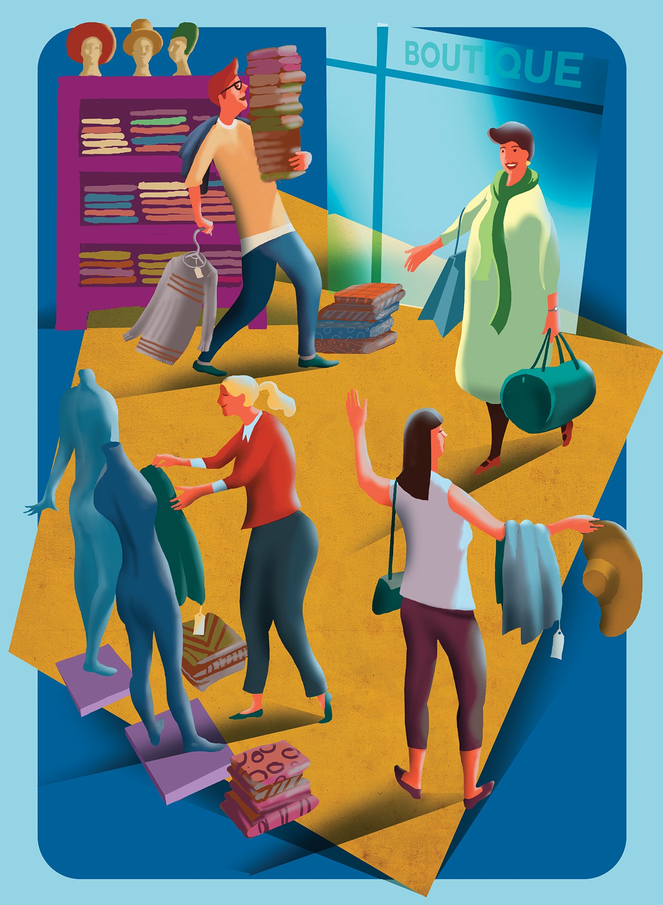 Illustration of people perusing through a clothing store.