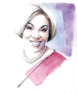 Watercolor of Marisa Williams, multiple strand necklace, pink blouse, blue and purple background