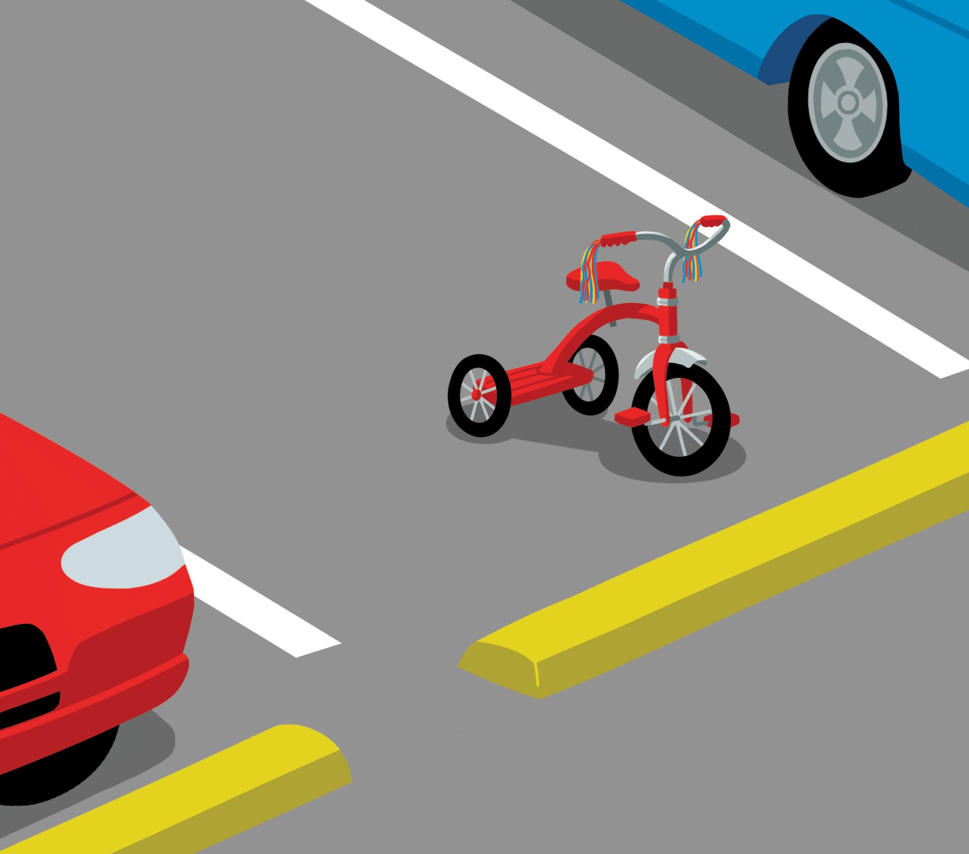 A red tricycle with streamers sits in a parking space between a blue car and a white car.