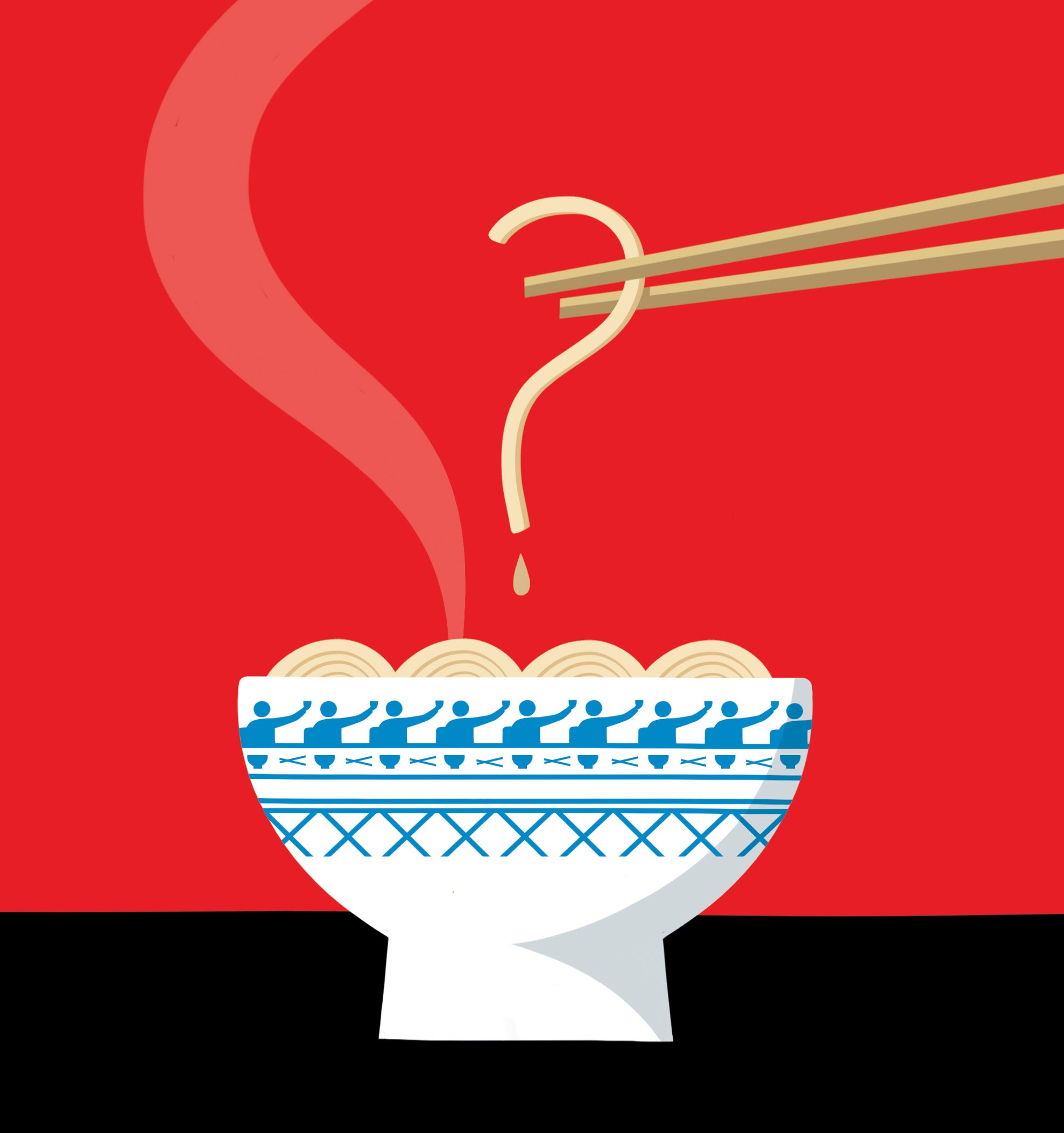 Noodle held by chopsticks and drop of broth form a question mark over a steaming bowl of noodles in a blue and white bowl.