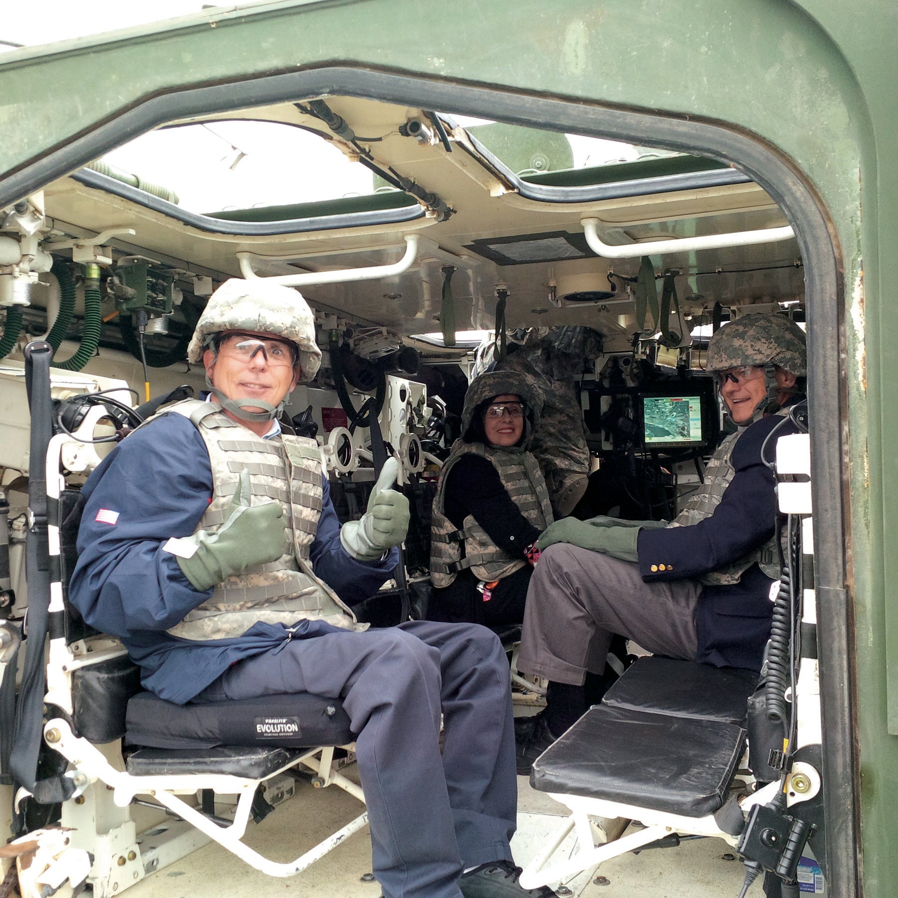 Cooper in a Stryker vehicle while visiting soldiers of the 7th Infantry Division at Joint Base Lewis-McChord 