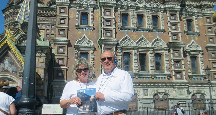 Richard and Marie Bagay stand in front of the Church of Our Savior on the Spilled Blood in St. Petersburg, Russia.