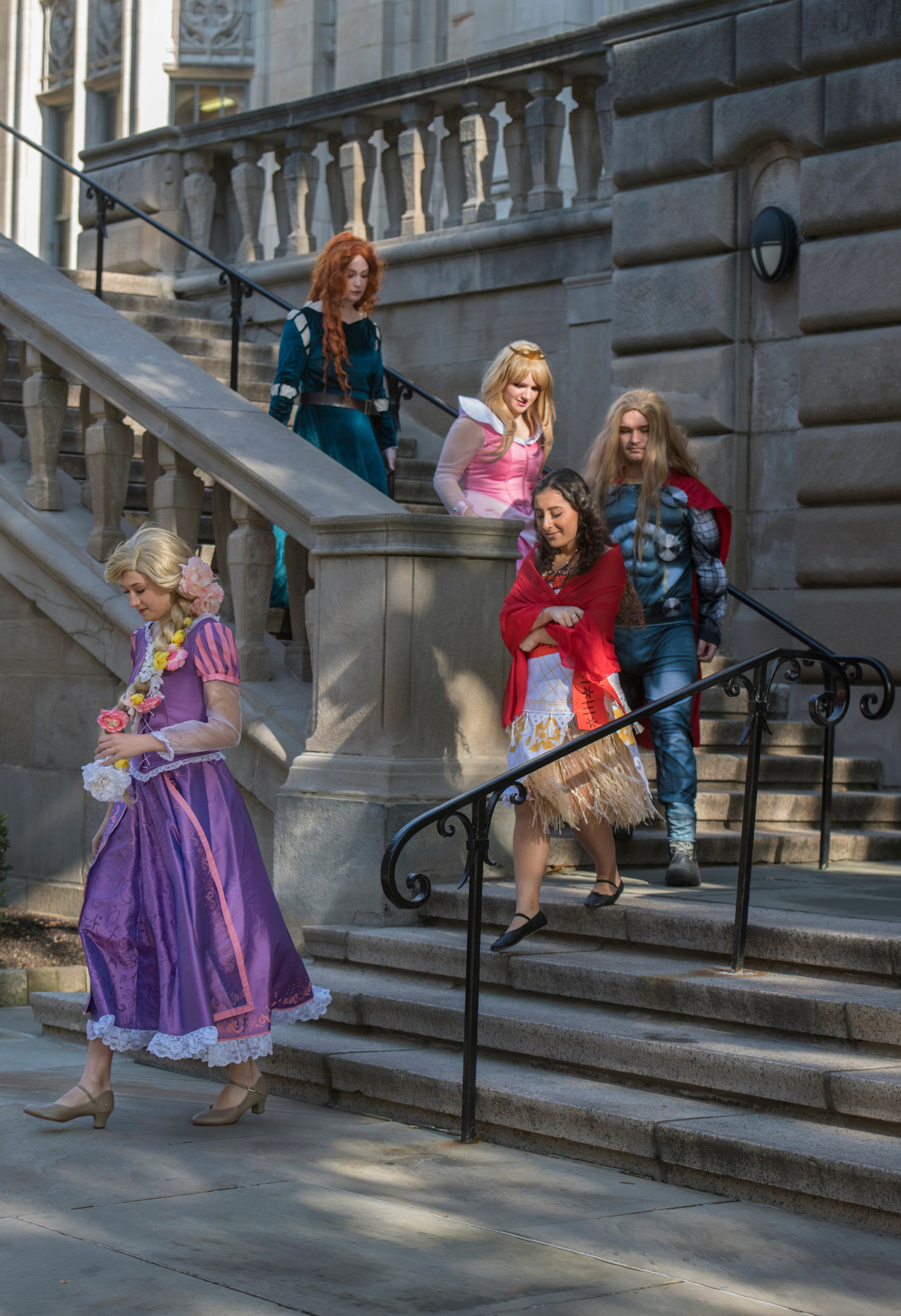 Members of TIP leave their castle, the Cathedral of Learning. In descending order: Gabrielle Gieringer; Nicole Saltzman, Caleb Shalaby, Argirel Lion, and Daniela Krahe.