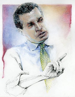 Watercolor illustration of Tim Stevens, with pink, purple and yellow background