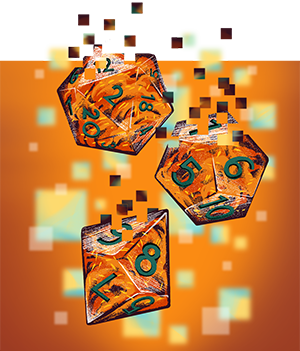 illustration of three orange, multi-sided dice dispersing into a pixelated, digital world