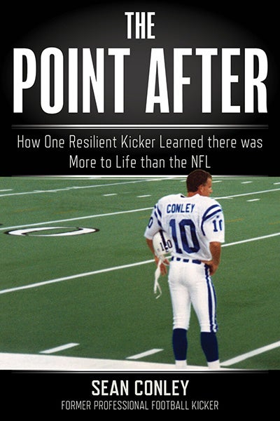 "The Point After" book cover by Sean Conley, photo of football player in gear (minus helmet) with his back to camera, standing on the field