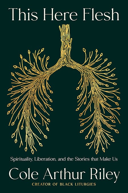 A green book cover with yellow leaves shaped like lungs. White words read This Here Flesh