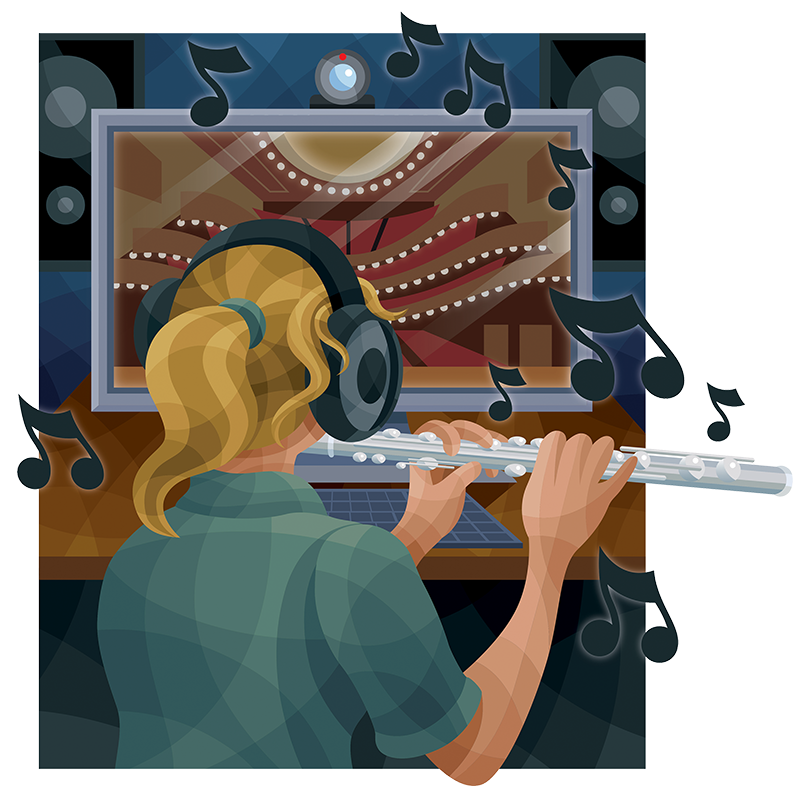 illustration of blond woman with ponytail wearing black earphones playing flute in front of computer screen