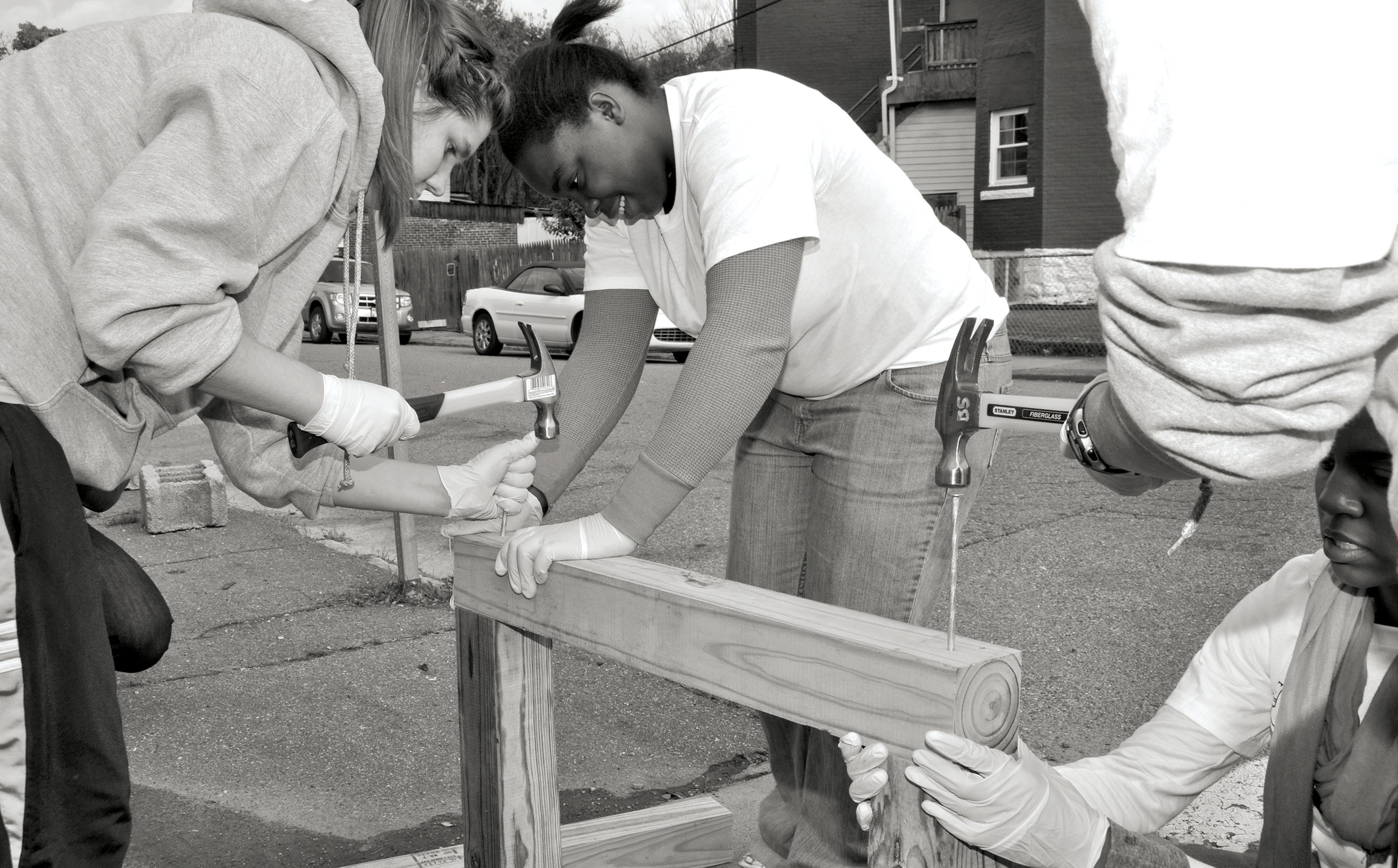 Volunteers work on community project