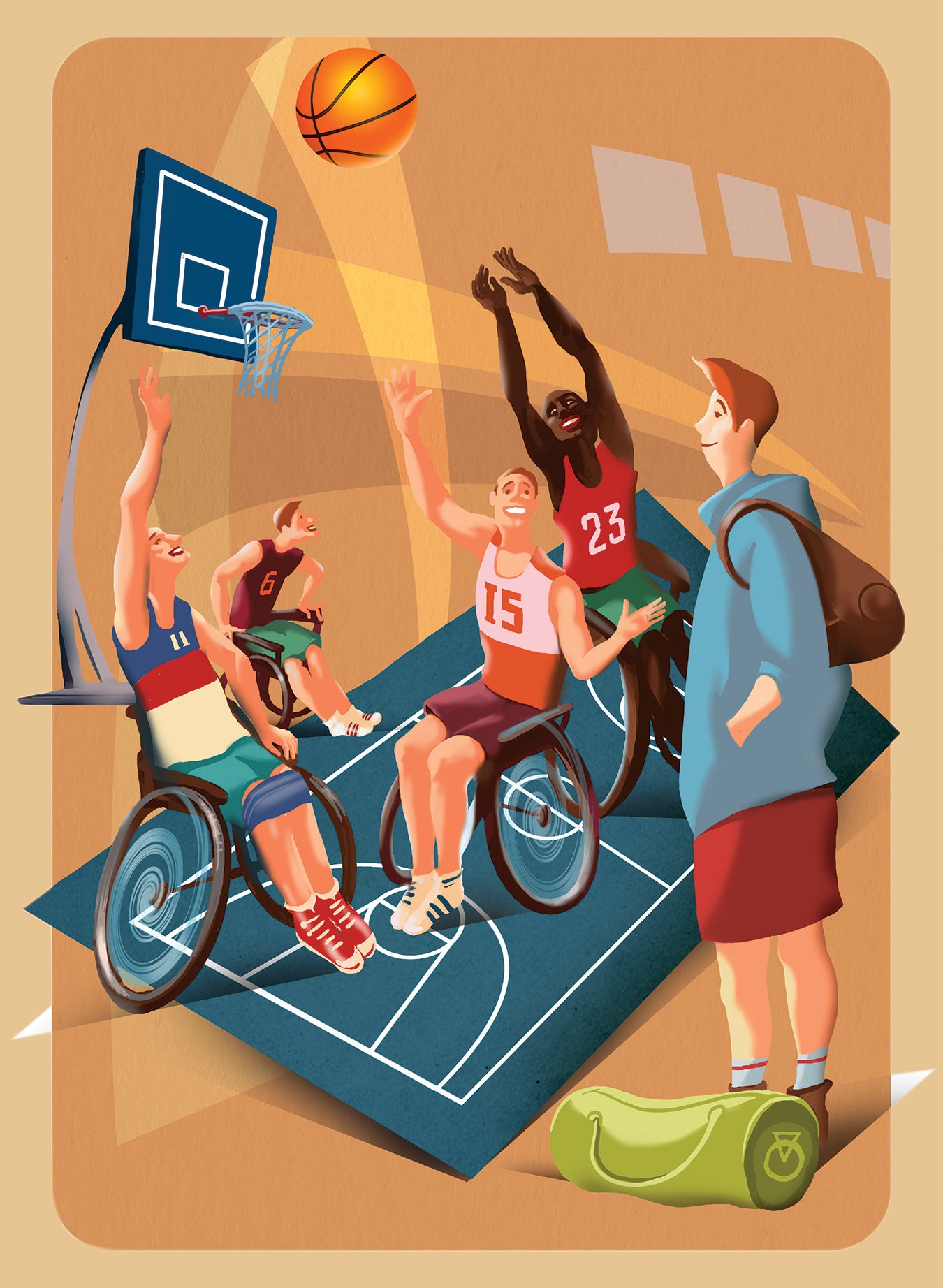 A redhead watches as a group of people in wheelchairs play basketball.