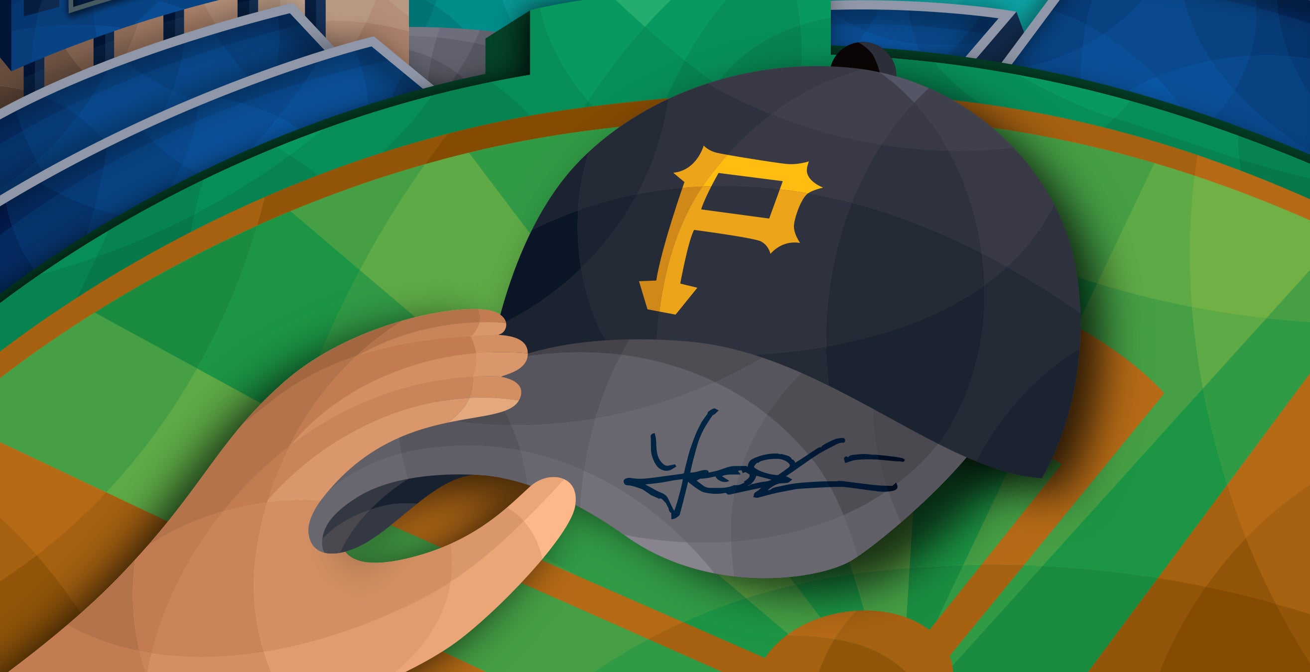 signed Pittsburgh Pirates hat in front of the field