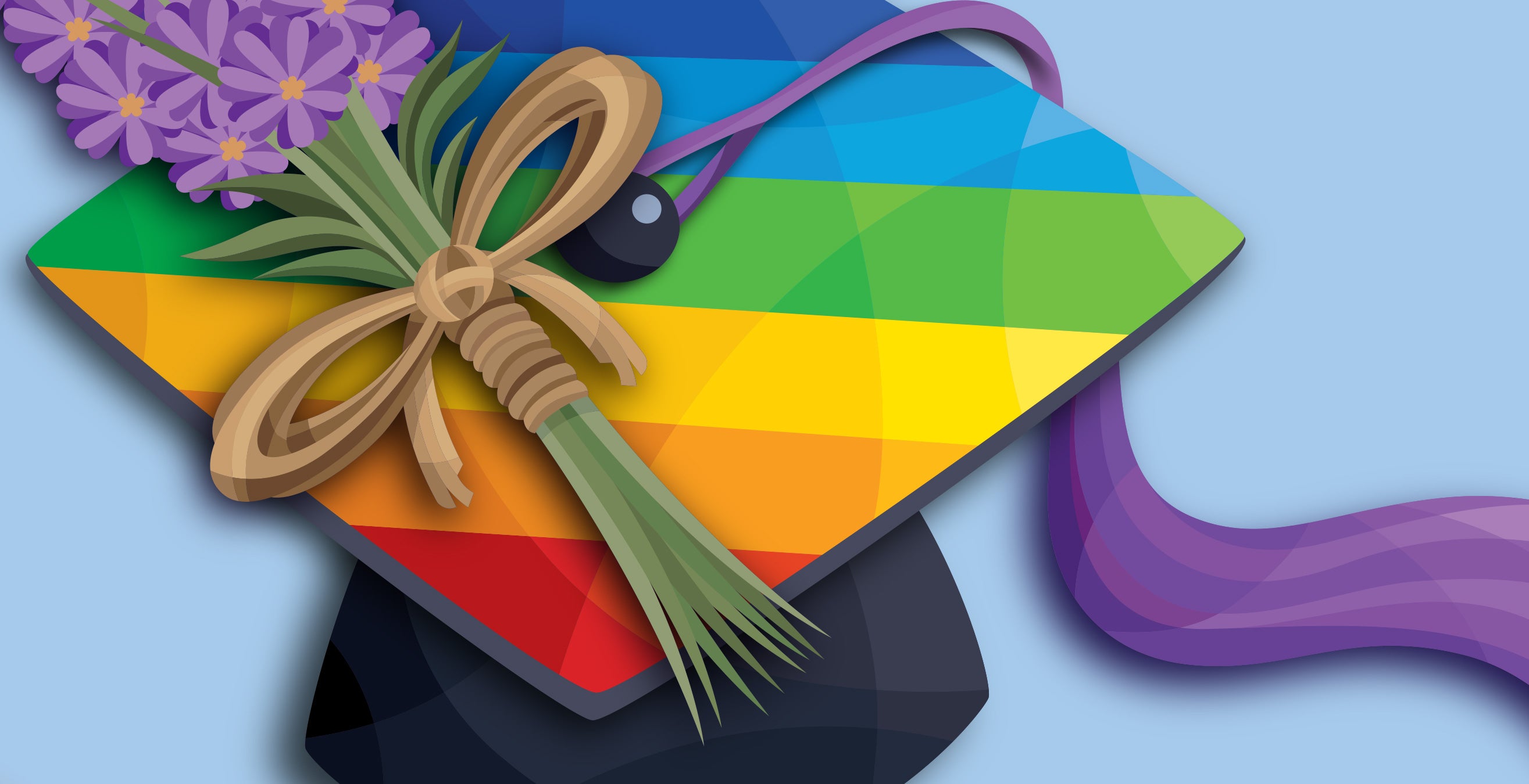 Rainbow graduation cap with lavender attached to the top