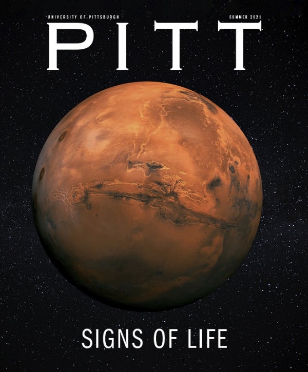 PITT magazine cover, red planet with starry sky background, headline reads "Signs of Life"