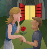 A man gives a red rose to a woman standing in front of the red double-doors of Heinz Memorial Chapel.