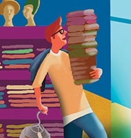 Illustration of retail worker carrying a pile of clothes items in a store.