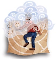 Illustration of person walking into foggy maze