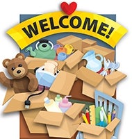 A teddy bear, tea pot, toaster, utensils, etc. overflow from boxes, above which a sign reads "Welcome!"