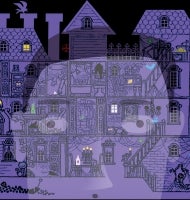 A screen showing a multi-level haunted house reflects the face of the mesmerized gamer