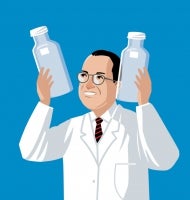 Illustrated Jonas Salk stands in the spotlight on a medical files "soapbox" holding glass vessels