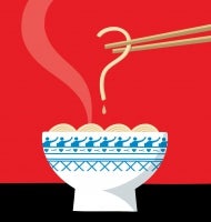 Noodle held by chopsticks and drop of broth form a question mark over a steaming bowl of noodles in a blue and white bowl.