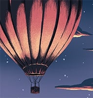 five pink hot air balloons rising into dusk