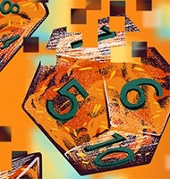 illustration of three orange, multi-sided dice dispersing into a pixelated, digital world