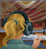 illustration of blond woman with ponytail wearing black earphones playing flute in front of computer screen