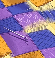 illustration of indigo, orange and purple patchwork quilt stitched with many needles