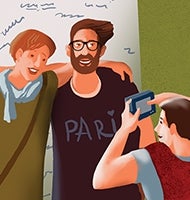 Illustration of two students getting their photo taken.