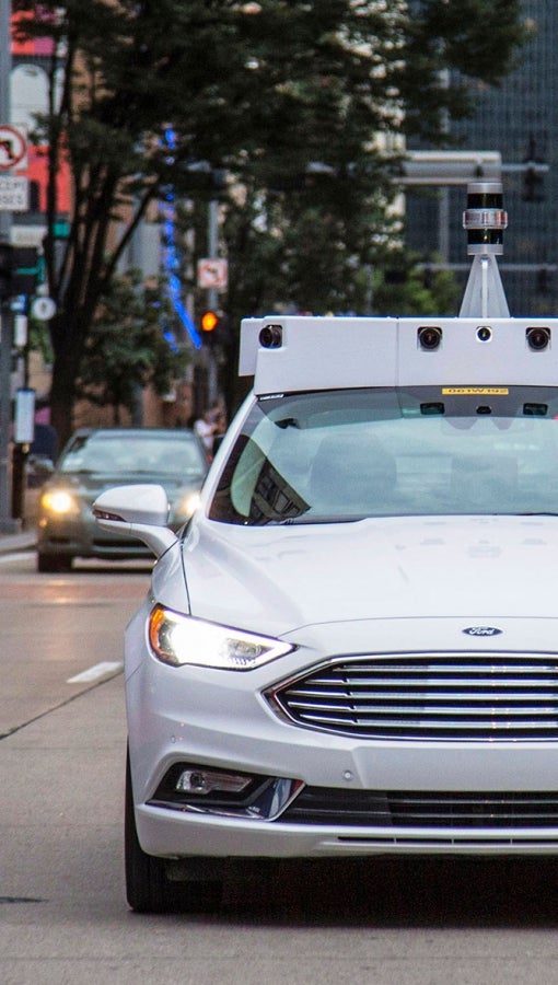 An Argo AI car on the streets of downtown Pittsburgh.