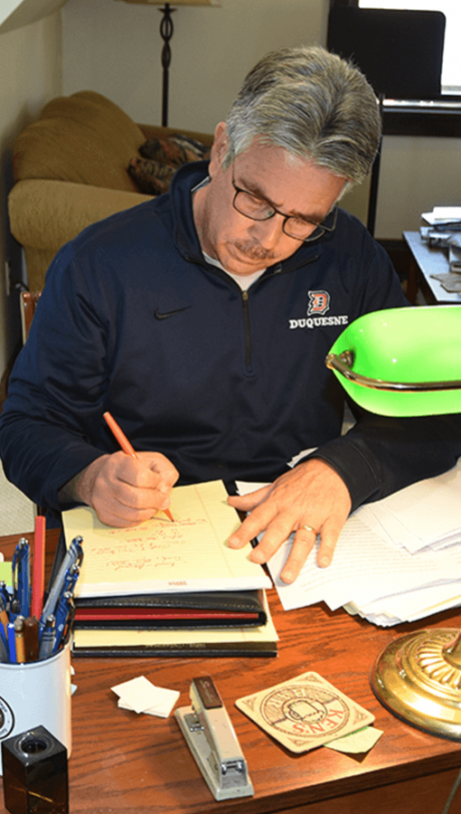 Ken Gormley works on edits to his novel "The Heiress of Pittsburgh" at his home office.