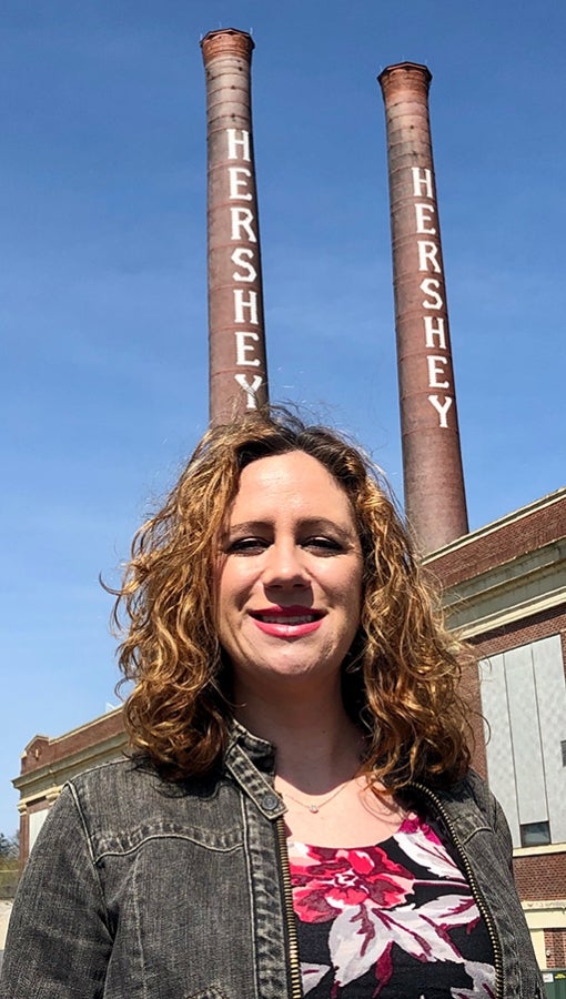 Tara Kennedy Griffiths outside of old Hershey factory