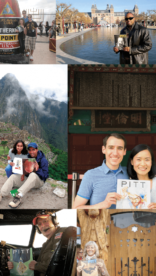 collage of people holding Pitt Magazine at places around the world