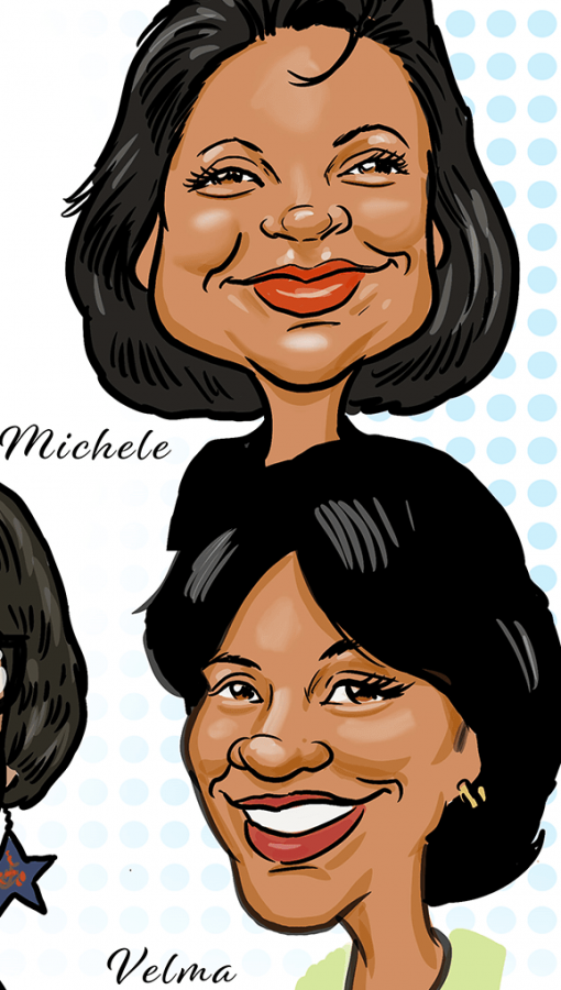 Color caricatures of Michelle and Velma of the Carlow 9