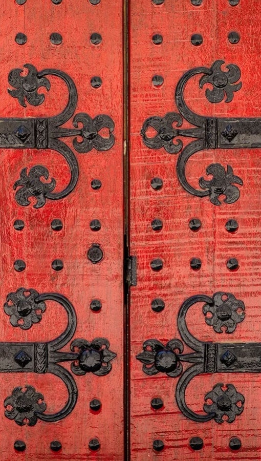 Heinz Memorial Chapel door, red wood with black hardware