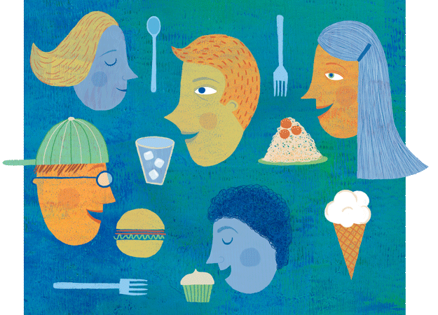 moving illustration of people's heads, eating utensils, and food and drink that gradually disappears as if getting consumed