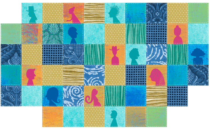 illustration of multicolor-squared quilt with profiles of people moving in and out of some squares