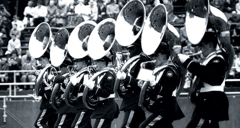 The sousaphone section at Pitt Stadium, 1959.