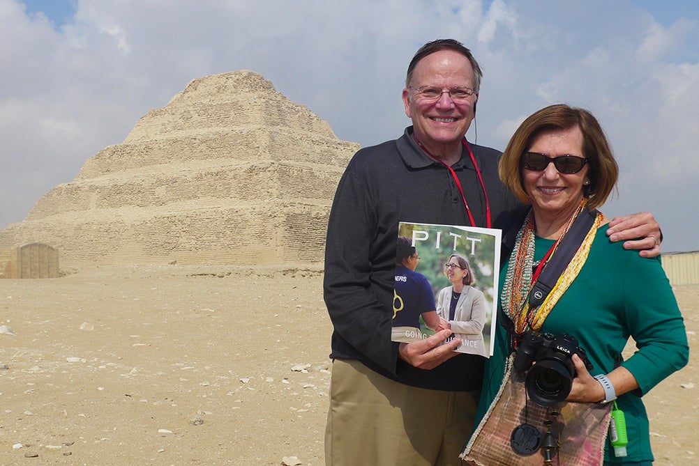 Winter 2020 issue of Pitt Magazine (picturing Provost Ann Cudd) in front of the step pyramid