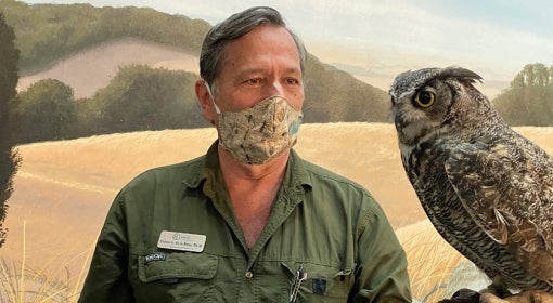 masked man holds great horned owl in front of painted field scene