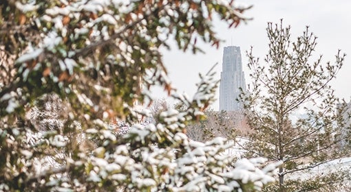 The Cathedral of Learning is visible between snowy trees
